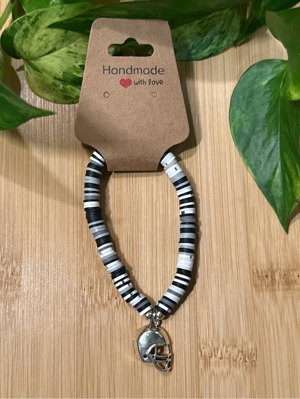 🏈✨ Football Stretchy Beaded Bracelet | Handmade | Silver Football Dangle Charm